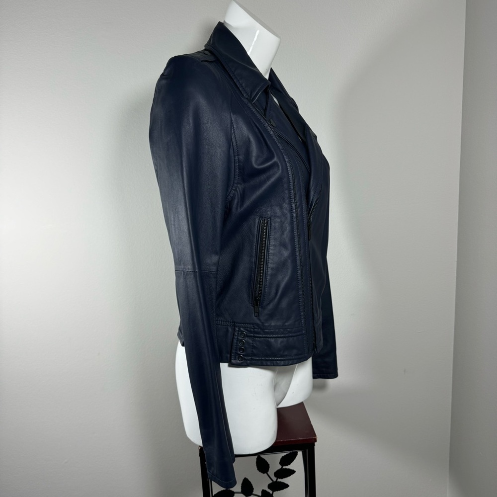 JOIE Caldine Moto Jacket Navy Blue Leather Zip Up Collared Women’s Size Medium - Picture 8 of 16